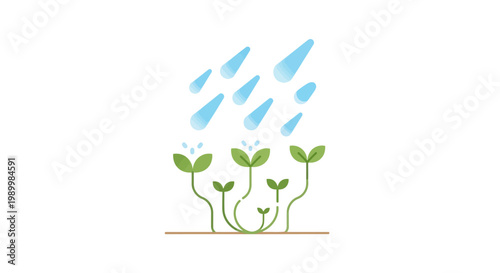 Minimalist illustration depicting the Grain Rain solar term from the Chinese season, showing new green sprouts being watered by gentle rain against a clean white background