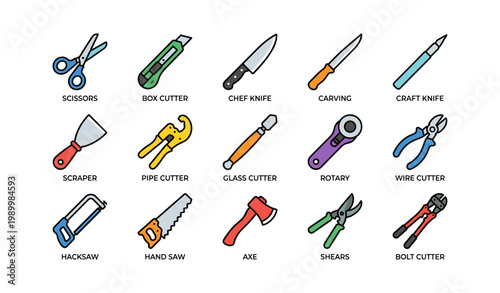 Collection of cutting and hand tool icons on white background