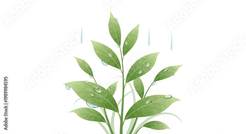 A softly lit digital illustration depicts a vibrant green plant with water droplets clinging to its leaves, symbolizing the Grain Rain solar term (Guyu) in Chinese spring agriculture