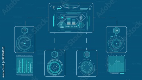 Animated display with abstract diagram of data processing automation