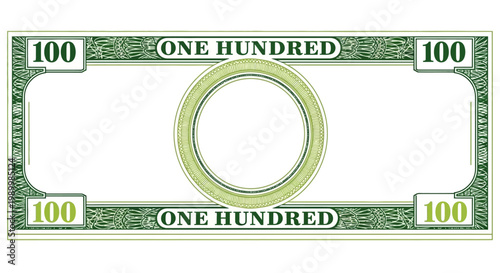 Blank currency bill template with decorative green border and designated central area, perfect for custom financial designs, conceptualizing economic themes, and creating unique monetary illustrations