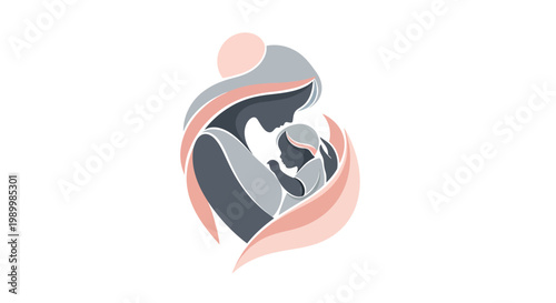 Stylized illustration commemorating international mother's day showing a mother embracing her child in a tender moment, depicted in shades of gray and soft pink against a clean white