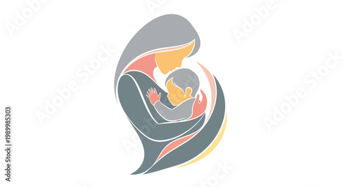 Stylized vector illustration for International Mother's Day depicting a mother tenderly holding her child in her arms, rendered with soft, muted colors and flowing lines against a clean