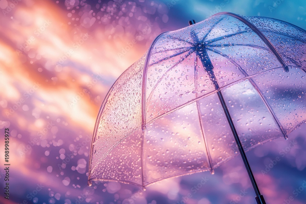 Fototapeta premium A transparent umbrella with raindrops against a colorful sky background. AI.
