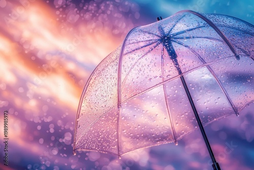 A transparent umbrella with raindrops against a colorful sky background. AI.