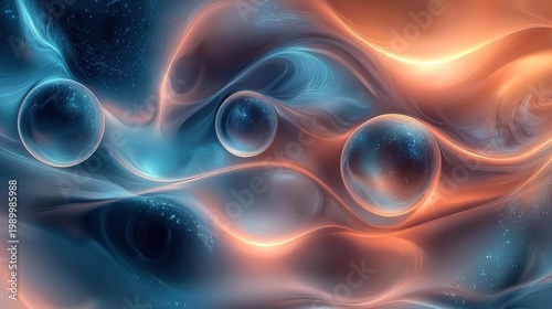 Three clear orbs float in an abstract, glowing, fluid composition of blue and orange hues. Swirling lines and patterns surround them. AI.