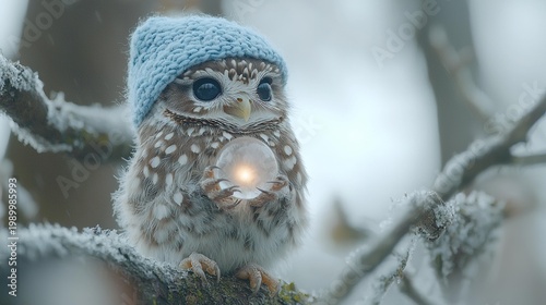 An owl in a blue hat holding a glowing orb while perched on a frost-covered branch. AI.