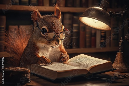A squirrel wearing glasses reads a book under a desk lamp in a library. Bookshelves are in the background. AI.