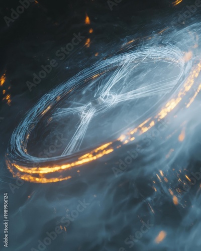 An abstract glowing ring with internal lines and surrounding smoky atmosphere. Orange sparks. AI.