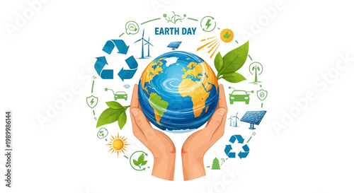 Earth Day eco banner featuring hands cradling the globe with sustainability icons in a colorful vector illustration against a clean white background, promoting environmental awareness
