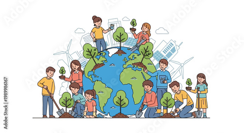 Illustrated Earth Day eco banner showing diverse people planting trees around a globe, representing sustainability, with a light and optimistic mood, set against a clean white background