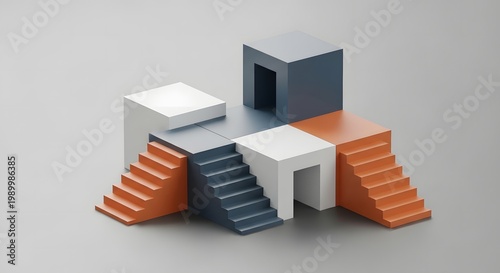 Abstract Isometric Architectural Blocks with Orange and Blue Stairs
