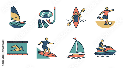 Vibrant Sport and Water Activity Icons for Summer Fun and Recreation Design