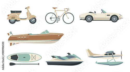 Collection of various transportation vehicles for land water and air travel