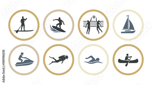 Collection of water sport icons: surfing paddleboard sailing and more