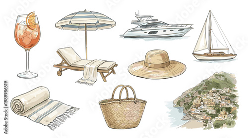 Summer vacation elements set: yacht sailboat drinks loungers hat and town