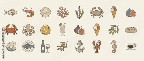 A delightful collection of Mediterranean coast inspired food and sea life icons