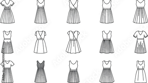 Black and white of various women dresses and outfits on white background fashion clothing