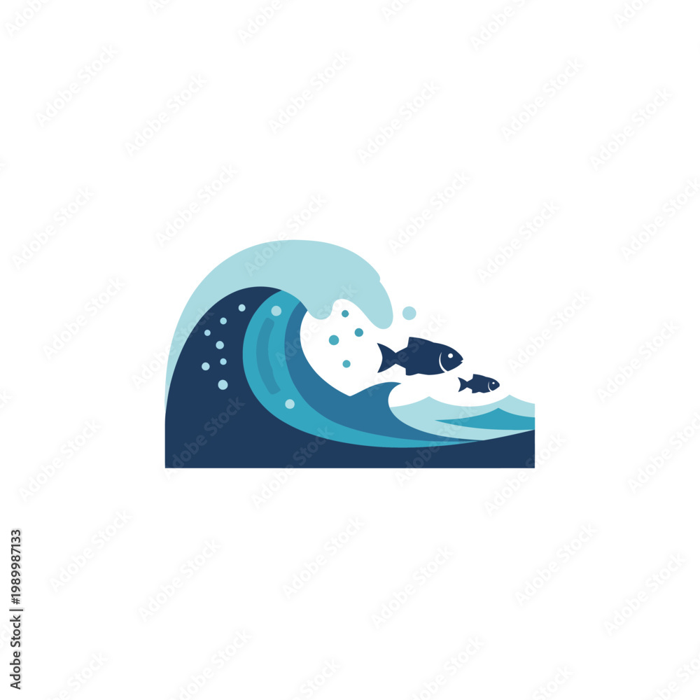 Fototapeta premium Dynamic ocean wave with swimming fish in a stylized flat design illustration, symbolizing marine life and aquatic motion