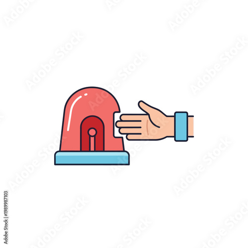 Hand activating emergency siren alarm system vector illustration. Concept of security alert, warning signal, humanitarian aid, and immediate public response
