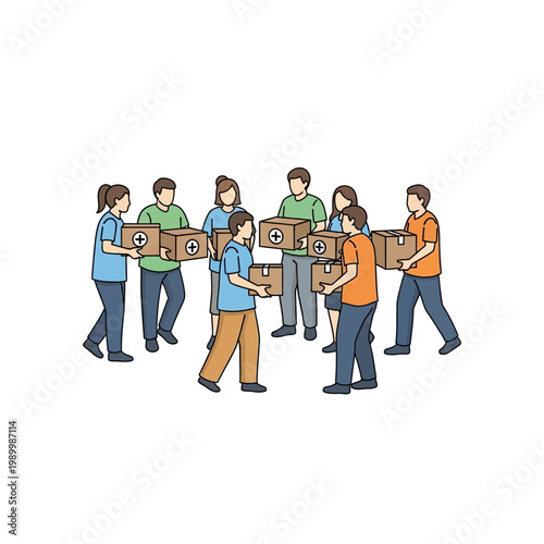Group of people carrying donation boxes, symbolizing charity and community support efforts during rebuilding and aid initiatives