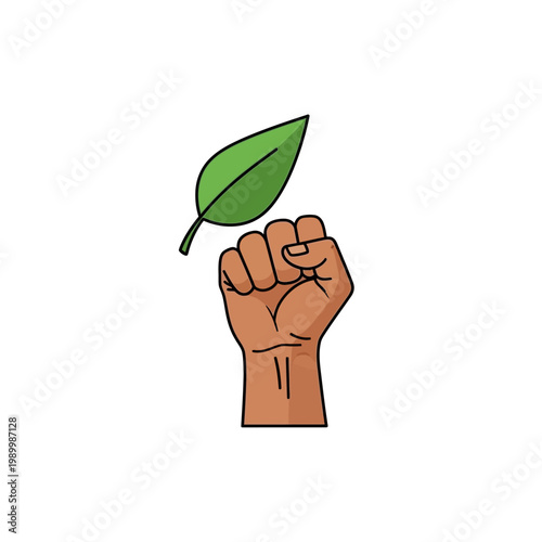 Raised brown hand holding a vibrant green leaf, symbolizing environmental activism, nature protection, and sustainable living, flat color illustration on white background