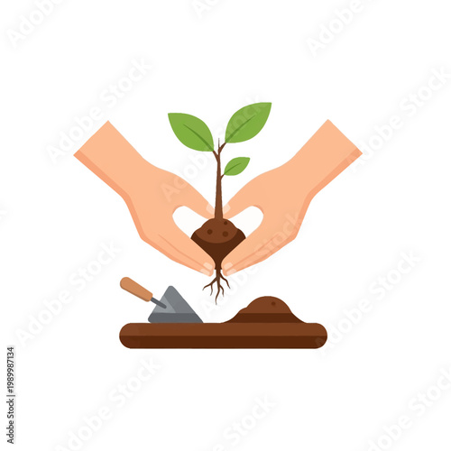 Caring hands gently nurture a small green plant, symbolizing new growth, sustainable living, environmental protection, and the promise of a greener future