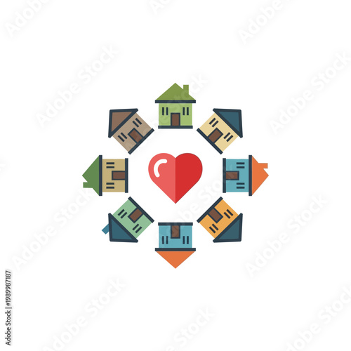 Heart in the center of houses in a circle representing community and love for home and neighborhood