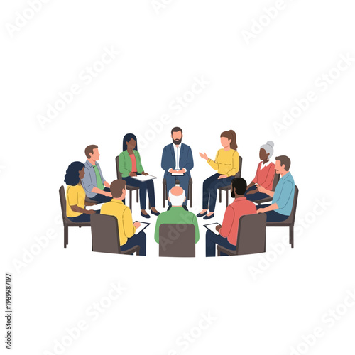 Diverse group of people in a community meeting, actively engaging in discussion and communication, symbolizing teamwork, support, and collaborative problem-solving