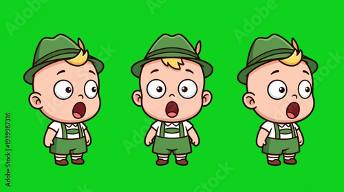 Three cartoon babies in traditional Bavarian outfits with surprised expressions.
