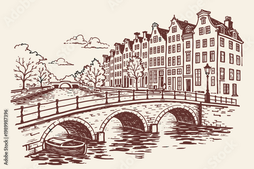 Photos Amsterdam canal bridge doodle vector illustration with hand drawn old town house