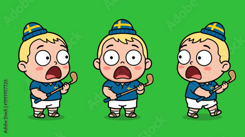 Three Cartoon Golfers with Shocked Expressions and Golf Clubs.
