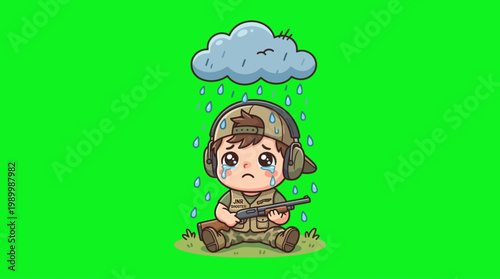 Sad Cartoon Soldier Crying Under Rain Cloud, Holding Weapon.
