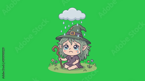 Sad Cartoon Witch Character Sitting in the Rain with Tears and Staff.