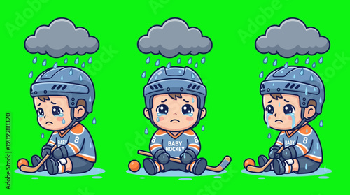 Sad Hockey Player Sitting Under Rain Clouds with Hockey Stick.