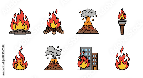 Set of flat icons featuring various fire elements including volcanoes, campfires, and burning buildings