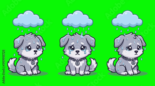 Three Adorable Cartoon Puppies Looking Sad Under Rain Clouds.