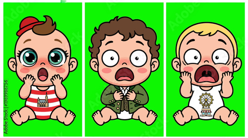 Three Cartoon Babies Expressing Shock and Surprise with Open Mouths and Wide Eyes.