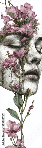 Botanical sketch of woman's face with pink flowers floral portrait wallpaper