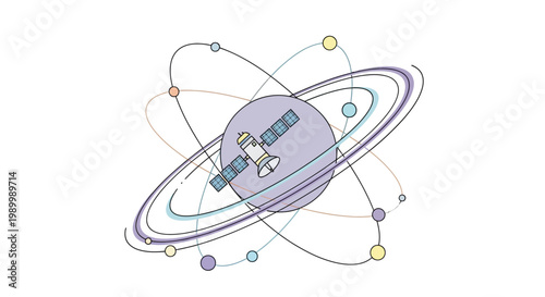 A vector illustration commemorating China Space Day depicts a satellite orbiting a planet with stylized rings, set against a clean white background in a minimalist style, celebrating