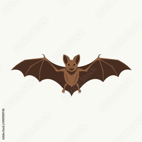 Friendly cartoon bat illustration flying with widespread wings, featuring a cute face, visible fangs, and nocturnal charm in a clean, isolated flat design