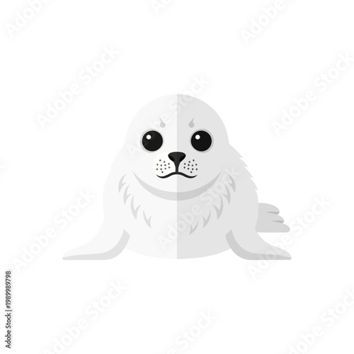 A cute, fluffy white seal pup with dark eyes and a round nose is depicted in a minimalist, flat vector illustration, isolated on a white background