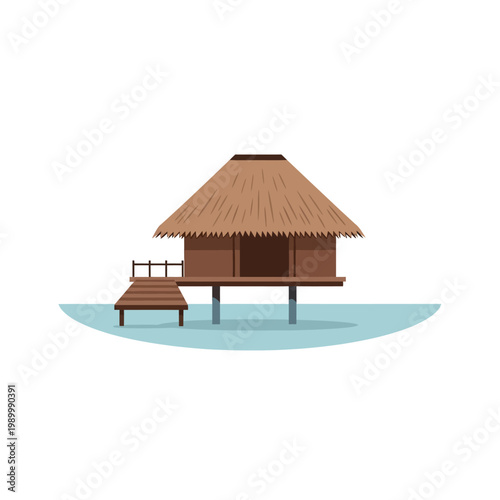 Tropical stilted bungalow over turquoise water with a wooden jetty, perfect for vacation and resort themes