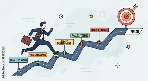 Businessman Running Towards Target on Winding Road.