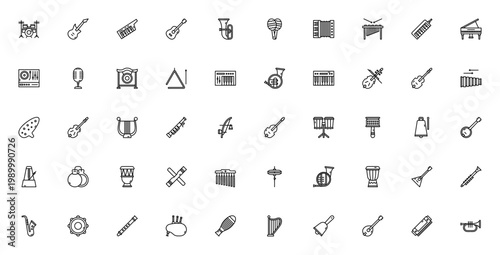 Music instrument icon set. Vector collection featuring drum, guitar, piano, violin, saxophone, microphone, and more. Editable thin line illustrations.