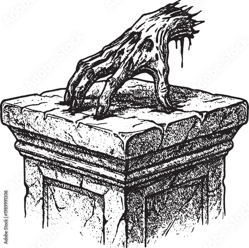 Vintage engraving zombie hand on stone pedestal altar stipple art illustration. Decaying severed monster hand crawling on a cracked stone pillar in a vintage etching style.