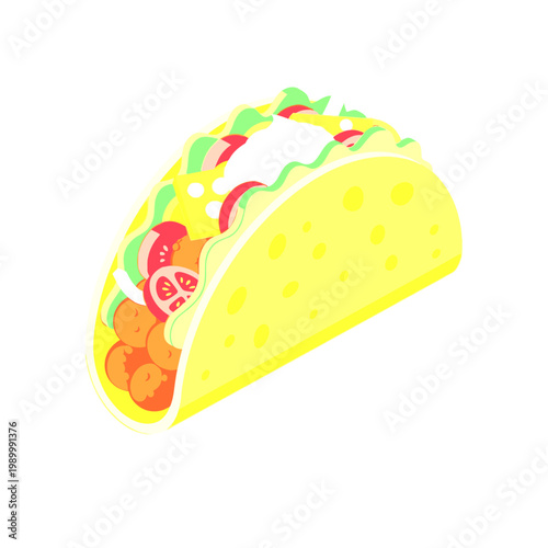 Vibrant cartoon illustration of a delicious Mexican street taco with seasoned filling, fresh lettuce, tomato, and sour cream on white