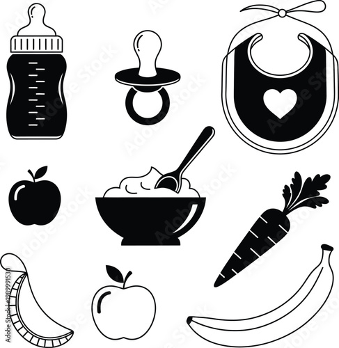 Baby food including bottle pacifier bib bowl of food fruits and vegetables