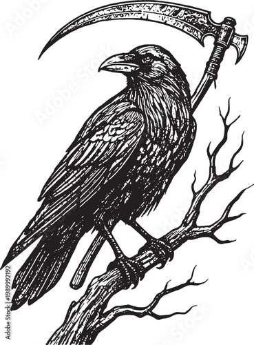 Dark Raven Perched on Dead Branch Holding Grim Reaper Scythe Illustration. Macabre woodcut illustration of a crow with a harvest scythe symbolizing death and omens.