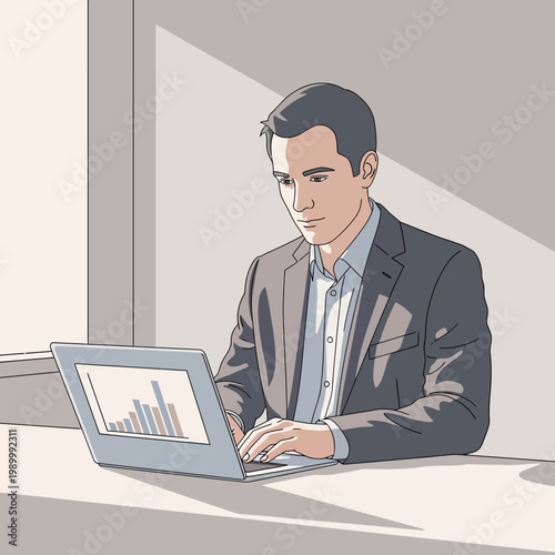 Focused Young Businessman Analyzing Financial Data on Laptop Computer in a Bright, Modern Office Environment